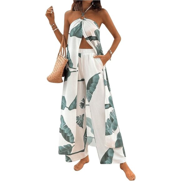 Shenhe Women Green White 100% Polyester Tropical 2 Piece Outfits Long Halter Top - Picture 1 of 7